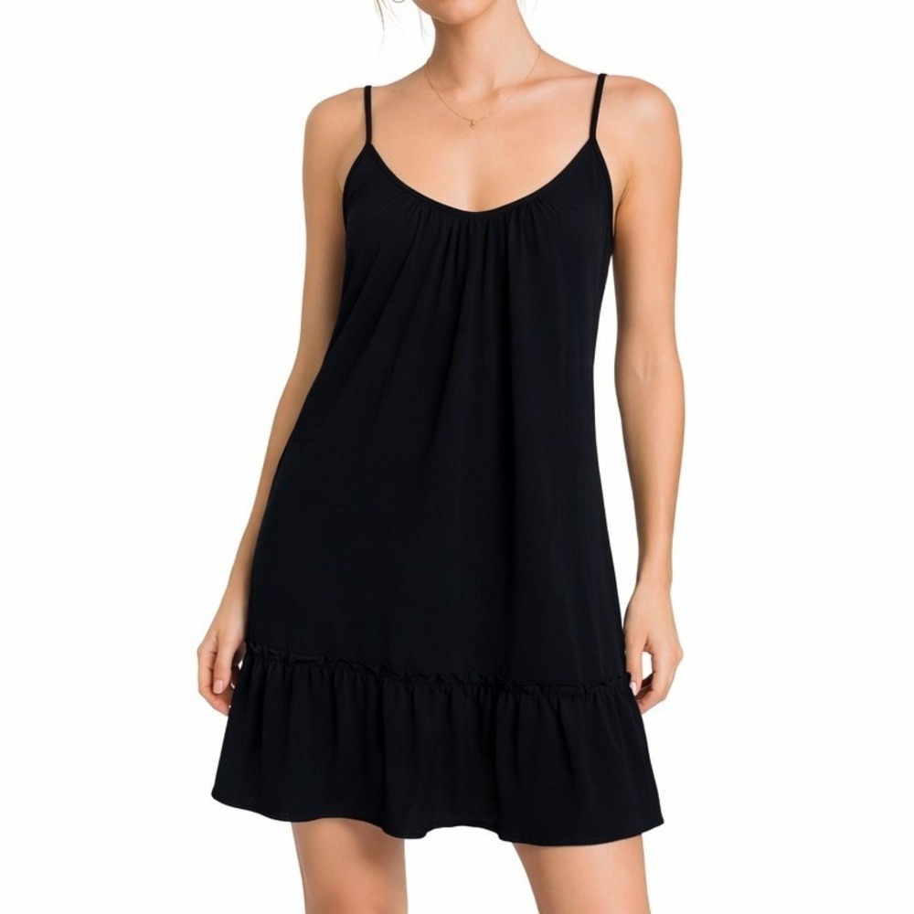 Scoop Mini Dress Women XL Black Ruffle Hem Textured Textured Sun Travel Resort